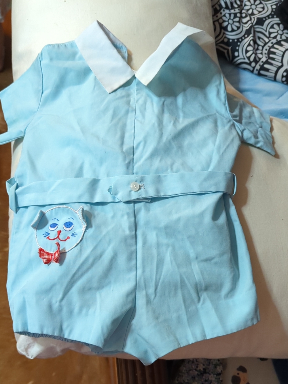 Vintage light Blue Baby Romper with White Collar and Dog Applique